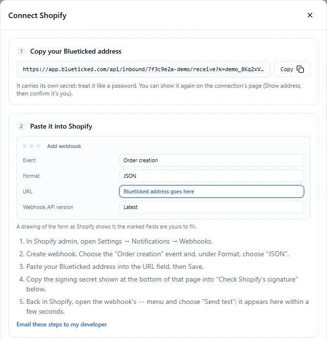 Connect Shopify, as Blueticked guides it: step 1 copies your Blueticked address with a Copy button, step 2 shows Shopify's webhook form with the URL field marked for that address, and the five steps to follow in Shopify.